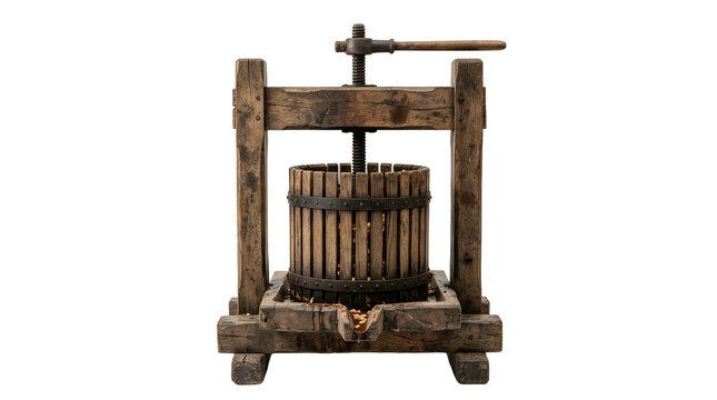 Traditional wooden apple press isolated on white background, perfect for orchard heritage and craft design projects, and creative projects, high quality visuals, modern branding needs