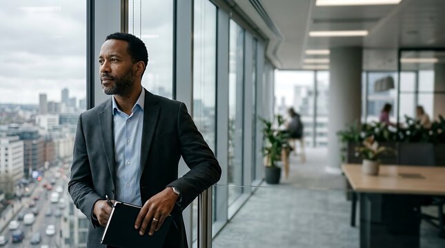Professional businessman looking out of a large office window at the city skyline.