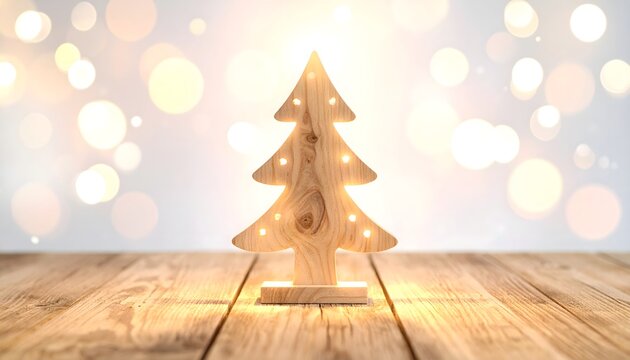 &Aacute;rbol de Navidad decorativo de madera sobre una mesa con fondo de luces c&aacute;lidas desenfocadas