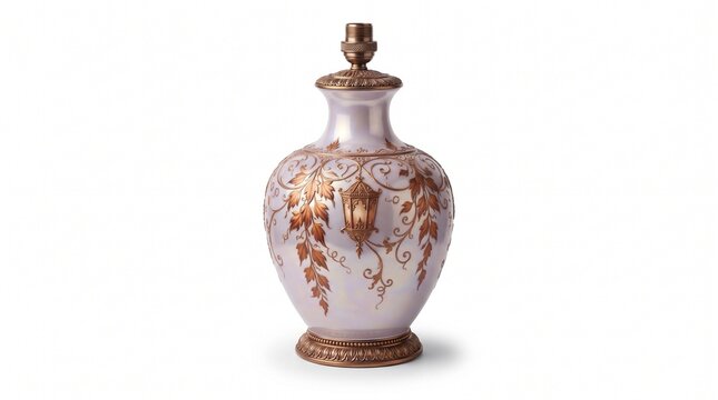 Vintage iridescent porcelain lamp base, antique ceramic table lamp with gold leaf pattern, elegant pearlescent vase lamp for luxury interior design isolated PNG with Transparent Background