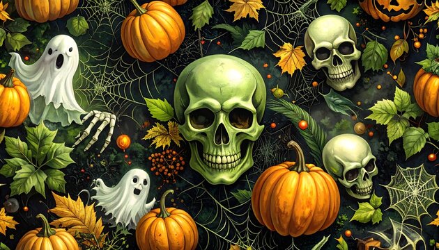 Patr&oacute;n de Halloween con calaveras, calabazas, fantasmas, telara&ntilde;as y hojas sobre fondo oscuro