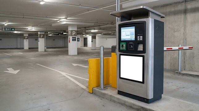 Modern Automated Parking Access Card Kiosk and Ticket Payment Terminal in Underground Garage with Barrier Gate