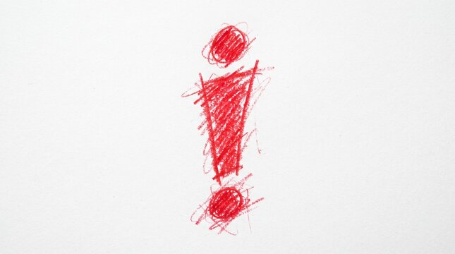 Red crayon sketch exclamation mark on white paper symbolizing urgent alert and attention for notices.