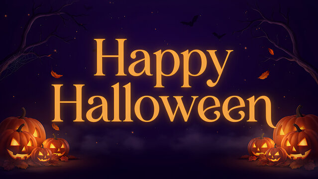 Title: Glowing orange Happy Halloween typography surrounded by carved jack-o-lanterns and creepy branches created with generative AI (19 words)