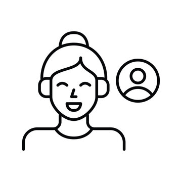 Woman in headphones and avatar. Music streaming user, podcast listener profile. Pixel perfect, editable stroke vector icon