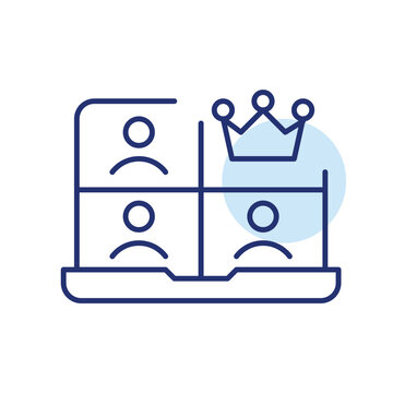 Video conference on laptop and crown. Premium user subscription. Pixel perfect, editable stroke vector icon