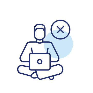 Remote user ban, screen time prohibition, online session exclusion. Man working at laptop and cross. Pixel perfect, editable stroke vector icon