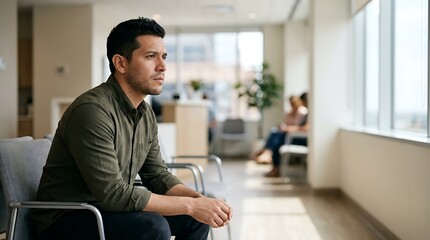 Obraz premium Pensive young man sitting in a modern medical office waiting area looking out the window.