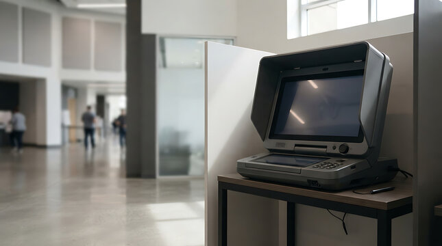 Vintage electronic voting machine on display in a public space