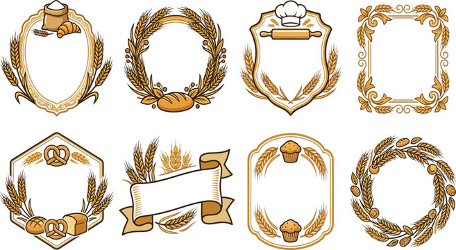 Collection of bakery emblems and frames with wheat and bread elements decorative borders for food branding and restaurant menus isolated on white