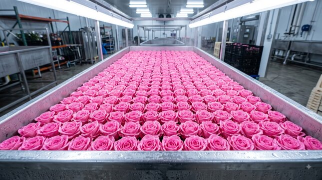 Pink Roses Processed on a Factory Production Line