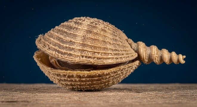 Open Shellfish with Spiral Appendage on Textured Surface with Deep Blue Background Macro