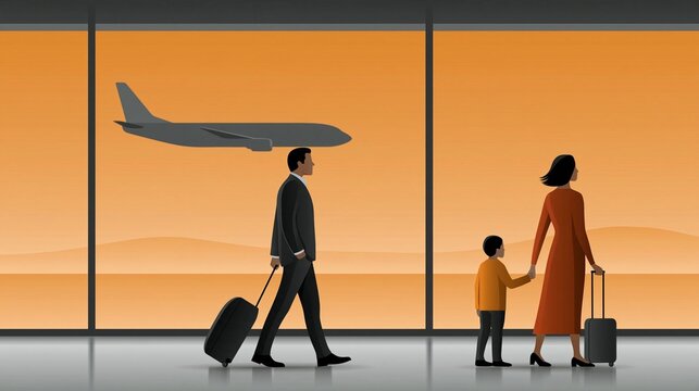 Minimal conceptual travel scene with airplane outside panoramic airport window and family silhouettes inside, freedom, adventure and new destinations, soft sunrise light, clean commercial composition