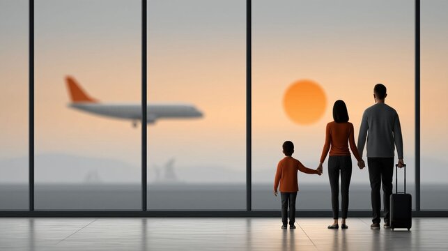Minimal conceptual travel scene with airplane outside panoramic airport window and family silhouettes inside, freedom, adventure and new destinations, soft sunrise light, clean commercial composition