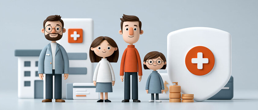 Comprehensive family health insurance concept, diverse family protected by glowing healthcare shield with medical card, hospital and financial security elements, premium commercial 3D illustration,