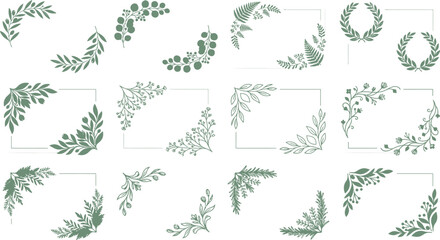 Fototapeta premium Collection of decorative floral corner elements botanical borders and frames for invitations and graphic design isolated on white background