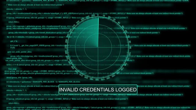 Cyber security alert with radar scanner and invalid credentials warning on digital code background cybersecurity