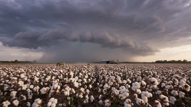 Time lapse of severe storm cloud sweeping over ripe cotton field