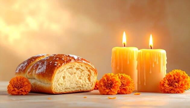 Pan dulce tradicional junto a velas encendidas y flores de cempas&uacute;chil en una composici&oacute;n c&aacute;lida de D&iacute;a de Muertos