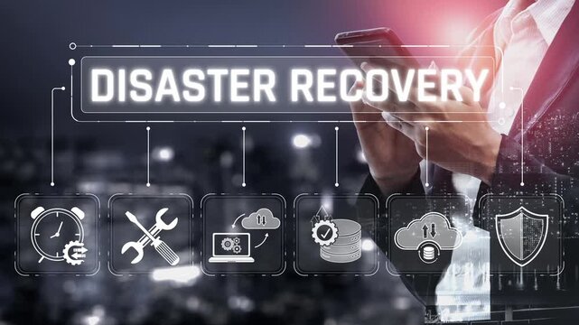 Business professional using smartphone with disaster recovery theme illustrated by various digital icons, emphasizing importance of technology in crisis management Sigmoid