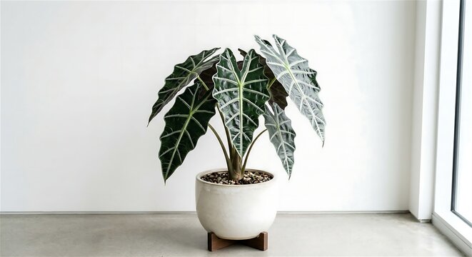 Alocasia Polly Amazonica Houseplant In White Pot On Wood Stand By Window
