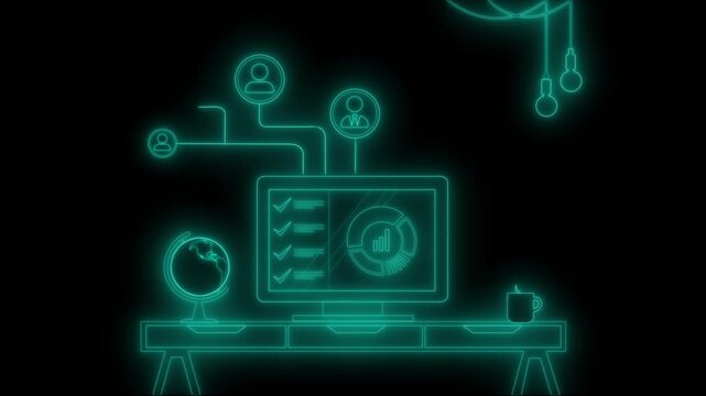 Neon-style glowing line art of a workspace with computer monitor on desk animation