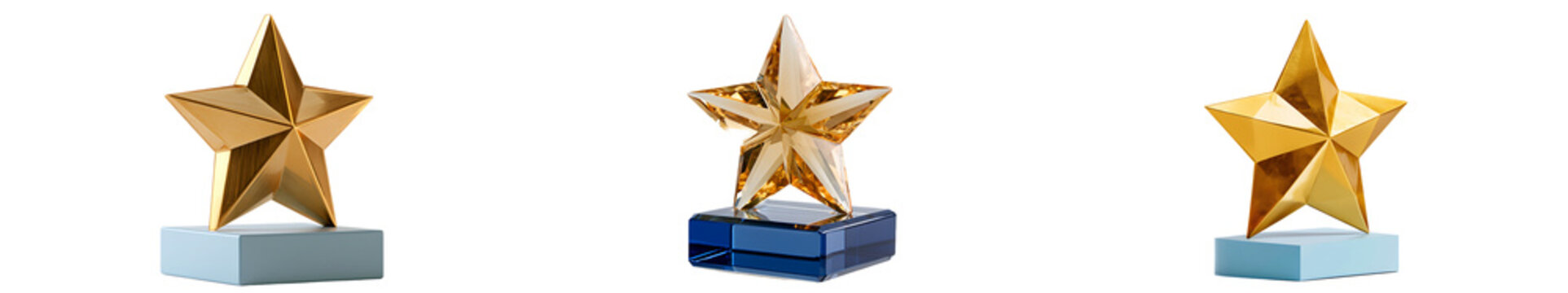 Three shiny gold star trophies with blue bases, isolated on transparent background