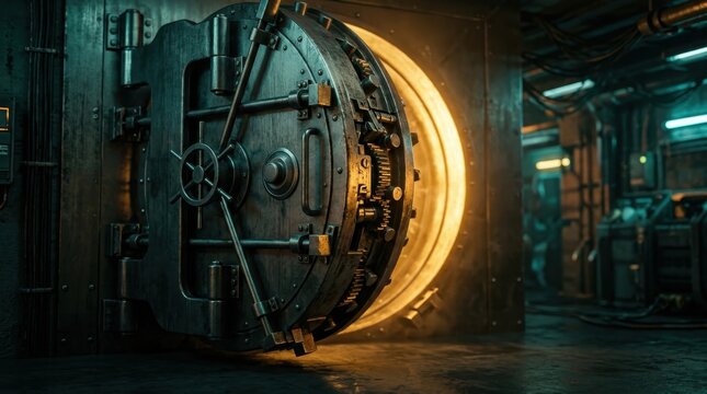 Heavy steel bank vault door open in a dark secure underground facility