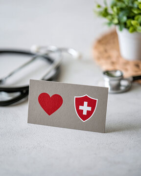 Minimal health insurance concept with medical card, stethoscope, heart symbol and protective shield on white background, modern healthcare advertising composition, generous copy space