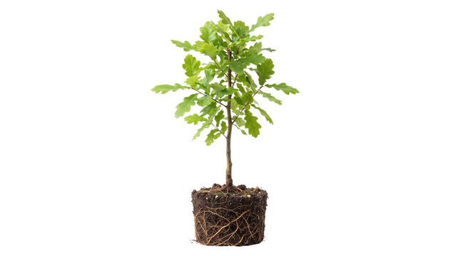 Young oak tree sapling with visible roots and soil, small green oak plant isolated on white background, concept of growth and environmental conservation