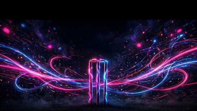 Glowing Neon Cricket Stumps Banner Background with Dynamic Light Trails