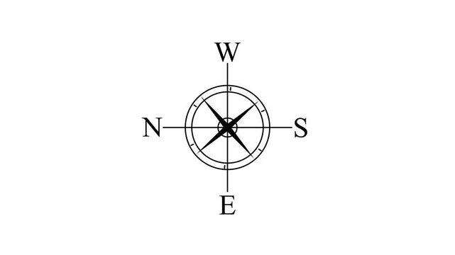 Vintage black and white compass navigation illustration showing cardinal directions, circular compass rose, and directional needle on a clean background.
