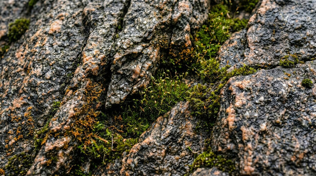 Lichen and Moss Growing on Rough Stone Surface in Natural Forest Environment with Intricate Organic Texture and Earthy Brown Pattern