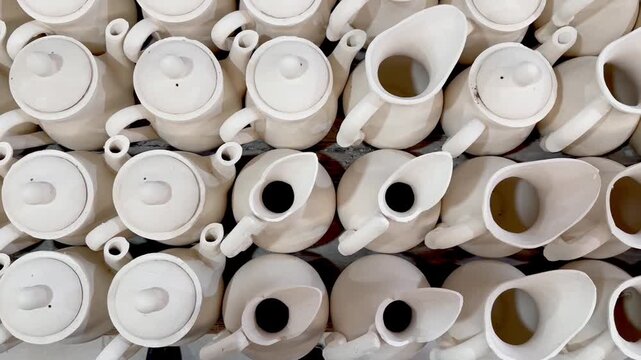 Rows of White Ceramic Teapots and Pitchers in Pottery Studio