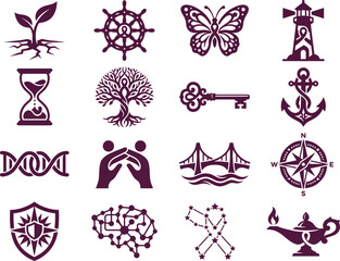 Fototapeta premium Breast cancer awareness symbol collection featuring tree of life, butterfly, lighthouse, compass, anchor, hourglass, bridge, brain, shield, and hope icons