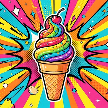 A vibrant pop art poster of a rainbow-colored ice cream swirl, bright background. 