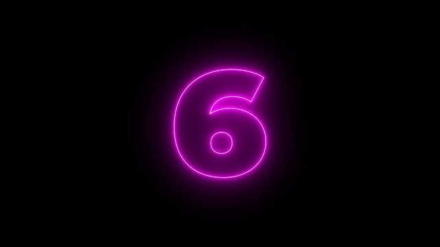Neon text 6 number countdown icon, neon number 6 with alpha channel, neon numbers, Bright neon glowing number 6 on background 4k animation