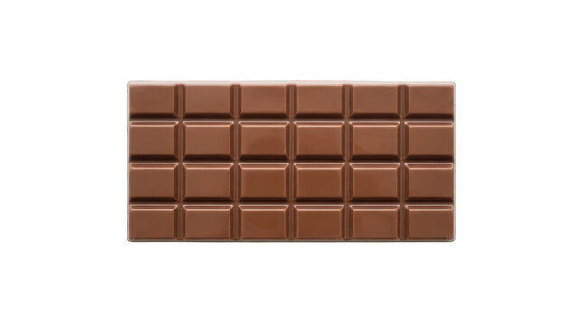 A rectangular milk chocolate bar with a grid pattern of individual segments, isolated on transparent background