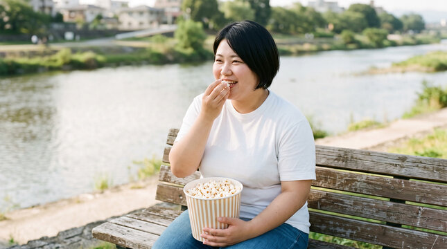 川沿いでポップコーンを食べる女性