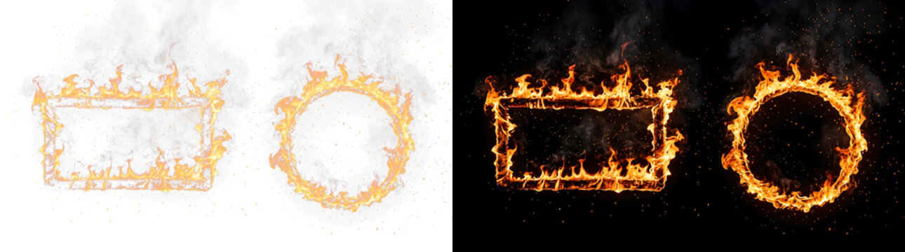 Burning fire frames and circles with smoke, blazing orange flame borders on black and white backgrounds, glowing ring of fire and rectangle set
