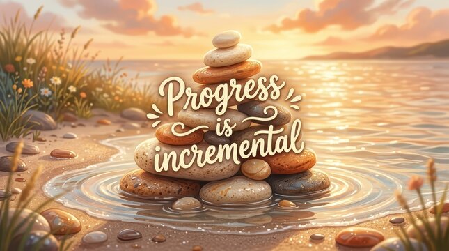 Zen Stone Stack with Progress is Incremental Quote at Sunset Beach