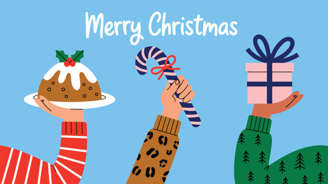 Christmas celebration illustration with hands holding a pudding, candy cane, and gift box on a blue background