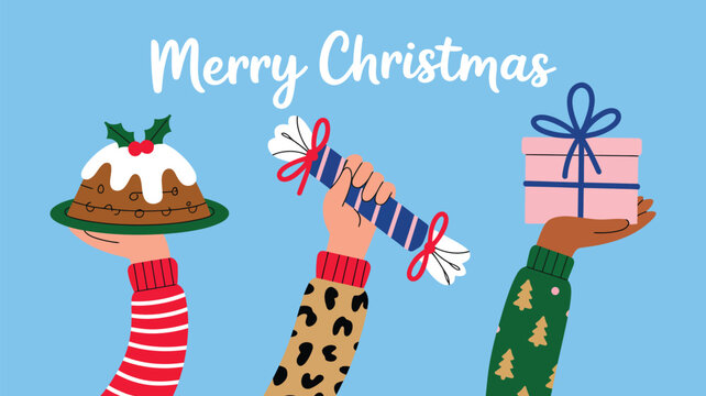 Christmas celebration concept with diverse hands holding a pudding, a cracker, and a gift box against a blue background