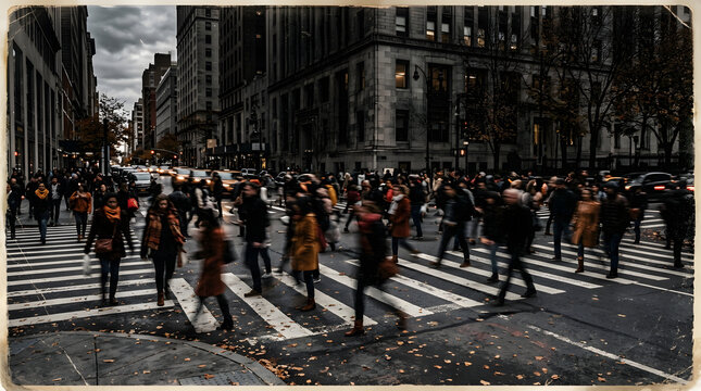 Busy Urban Pedestrian Crossing in a Metropolitan City Center with Tall Buildings and Crowded Street Scene when autumn