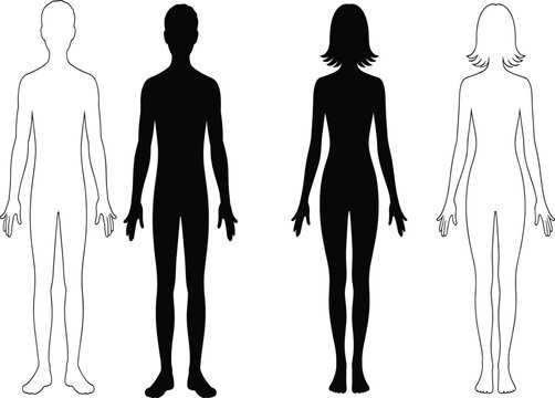 Four human body silhouettes, two solid black figures and two white outline figures of a man and a woman, standing side by side, isolated on a white background