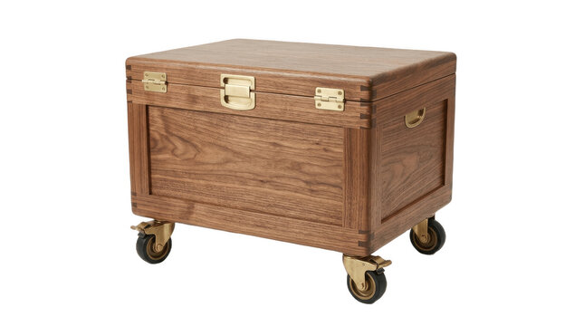 Vintage wooden chest with brass hardware side handles and caster wheels isolated on white background storage furniture PNG for rustic decor homes

