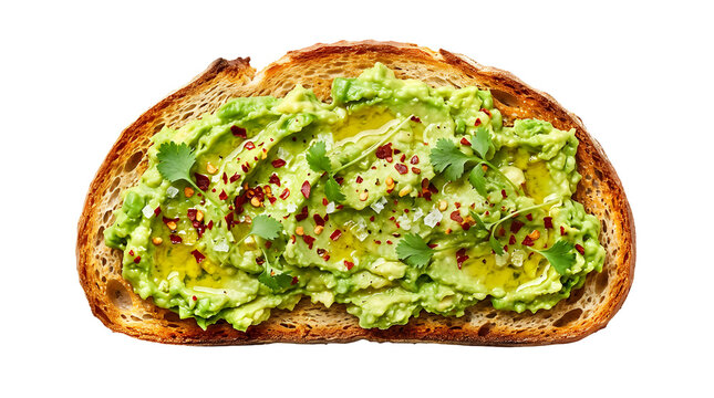 Avocado toast on toasted sourdough bread with olive oil red pepper flakes and cilantro leaves isolated on transparent background.