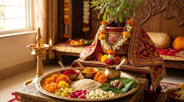 Detailed Tulsi Vivah still life with traditional wedding offerings, brass utensils, flowers and a decorated Tulsi plant.