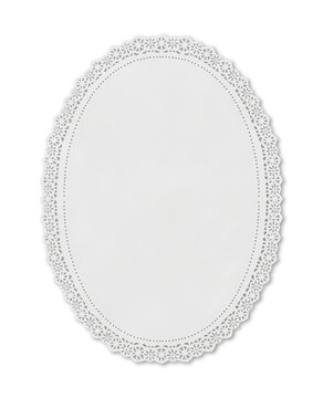 Vintage Minimalist Oval Lace Paper Doily. The center has a subtle grid pattern. White oval doily features a delicate lace border. Ideal for wedding or party decorations, craft, scrapbook and journal