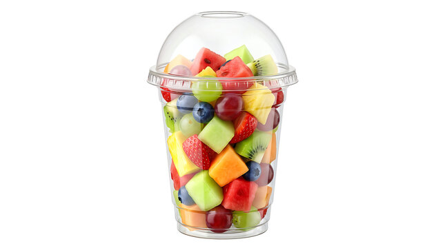 Fresh fruit salad cup with watermelon kiwi melon grapes and pineapple slices isolated on transparent background.